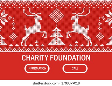 Banner web de la fundación benéfica, llamada de información apoyar ilustración vectorial plana. La dirección de la empresa de donativos del logotipo de ciervos, el nombre de la empresa, la organización benéfica ayuda a las personas indigentes.