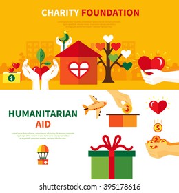 Charity foundations for humanitarian aid 2 flat horizontal banners set with heart and donation symbols abstract vector illustration 