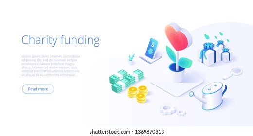 Charity fund or care in isometric vector concept. Volunteer community or donation metaphor illustration. Web banner layout for people help or support, 