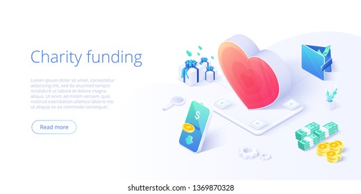 Charity fund or care in isometric vector concept. Volunteer community or donation metaphor illustration. Web banner layout for people help or support, 