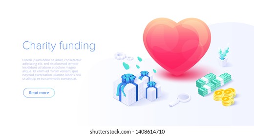 Charity fund or care isometric vector concept. Volunteer community or donation metaphor illustration. Web banner layout for people help or support.