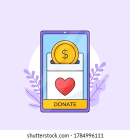Ilustración de esquema vectorial de la aplicación de recaudación de fondos de caridad. Interfaz de aplicación móvil de donación con dinero de oro insertado en un agujero de moneda