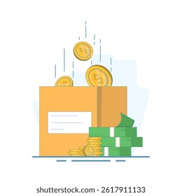 charity fundraising concept, donation money box collection, non-profit financial fundraising support grant, sponsor investment capital budget. flat design illustration.