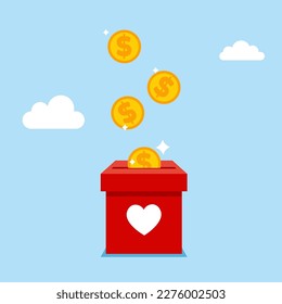 Charity fundraising and generosity. Dollar coins falling in a box with a heart shape. Modern vector illustration in flat style