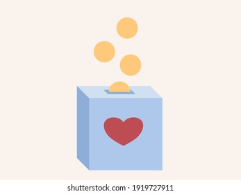 Charity Fundraising Illustration. Coins Money Falling In A Box With A Heart Shape. Generousity Conceptual Symbol. 