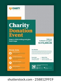 Charity fundraising poster design template or donation charity flyer, leaflet, and handbill design template