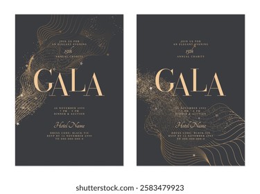 Charity gala dinner invitation features flowing, minimalist organic gold lines, glitter and stars on dark muted gray background, creating a sophisticated and elegant look