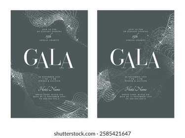 Charity gala dinner invitation features flowing, minimalist organic silver lines, shimmering silver on dark muted gray background, adding a touch of glamour