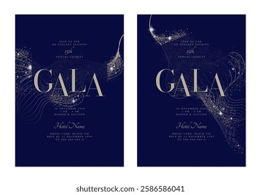 Charity gala dinner invitation features flowing, minimalist organic golden lines, shimmering silver on dark blue background, adding a touch of glamour