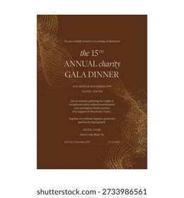 Charity gala dinner invitation features elegant gold stardust and flowing golden lines on a chocolate-brown background