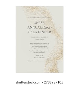 Charity gala dinner invitation features elegant gold stardust and flowing golden lines on a cream background
