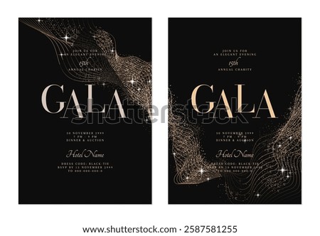 Charity gala dinner invitation features flowing, minimalist organic gold lines, glitter and stars on dark gray background, creating a sophisticated and elegant look
