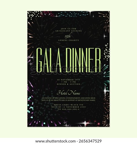 Charity gala dinner invitation features stylized colorful fireworks on a dark gray background