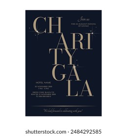 Plantilla de invitación de gala de caridad, elegante tipografía dorada en azul oscuro