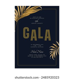 Charity gala dinner invitation template, elegant gold typography and palm leaves on dark blue