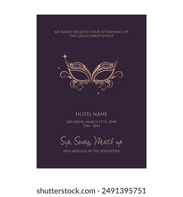 Charity gala dinner invitation template, minimalist gold mask on dark purple