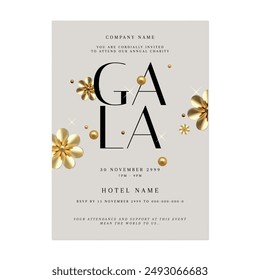 Charity gala dinner invitation template, elegant bold typography and gold flowers on brown