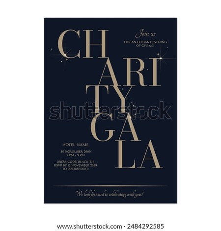 Charity gala dinner invitation template, elegant gold typography on dark blue