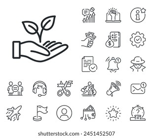 Charity gesture sign. Salaryman, gender equality and alert bell outline icons. Helping hand line icon. Startup plant symbol. Helping hand line sign. Spy or profile placeholder icon. Vector