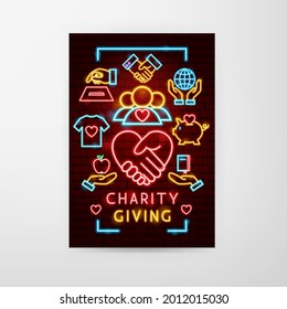 Charity Giving Neon Flyer. Vector Illustration of Donation Promotion.