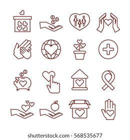 Charity giving, sponsorship, donation, humanitarian, giving money to child vector linear icons. Giving and help people illustration symbol.