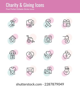 Charity and Giving Vector Line Icons with Two Color Circle Blobs. Philanthropy, Nonprofit organization, Social responsibility, Community service, Humanitarian icons.