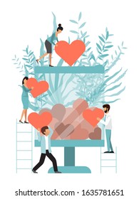 Charity of glass jar with hearts. Queue to make donate. Valentine Day card charity concept, tiny people with heart. Donatings and compassion vector illustration