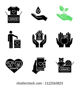 Charity Glyph Icons Set. Silhouette Symbols. Blood, Toys, Clothes, Food Donation, Greening, Fundraising, Shelter For Homeless, Animals Welfare, Smartphone Donation App. Vector Isolated Illustration