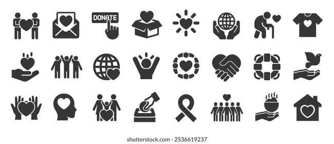 Coleção de ícones sólidos de glifo de caridade. Contendo voluntários, cuidados, ajuda, humanidade. Ilustração de vetor de série de símbolos e ícones mínimos