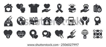 Charity glyph solid icons collection. Containing content donation, volunteer, foundation, help. Minimal icon and symbol series vector illustration