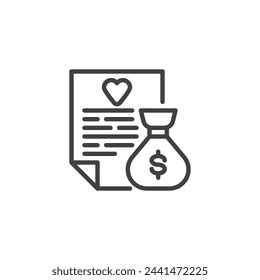 Charity Grant line icon. linear style sign for mobile concept and web design. Grant form and money bag outline vector icon. Charitable foundation symbol, logo illustration. Vector graphics