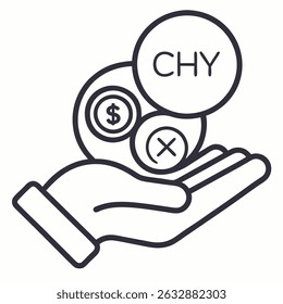 charity hand coins icon line art on white background