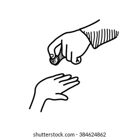 Charity, a hand drawn vector doodle illustration of a hand giving money to the other hand.