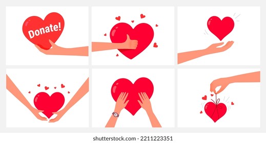 Charity hand give heart. Vector set of kindness donation illustration with people hand and red shape heart on white color background. Flat style romantic design of sharing love for Valentine's Day