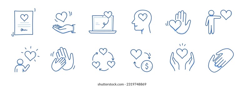 Charity hand, heart, community love doodle line icon. Charity community trust, partnership, people solidarity concept icon set. Hand drawn doodle sketch style line. Vector illustration.