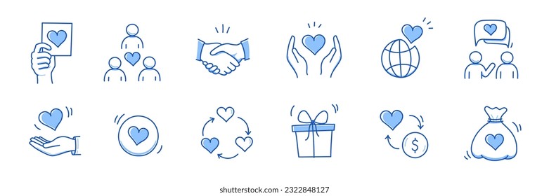 Charity hand, heart, community love doodle line icon. Charity community trust, partnership, people solidarity concept icon set. Hand drawn doodle sketch style line. Vector illustration.