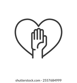 Charity hand in heart icon in line design. Charity, hand, heart, giving, love, care, support on white background vector. Charity hand in heart editable stroke icon