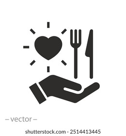 charity hand with meal icon, donate food, service charity volunteer,  share eat concept, need help poor, social aid collect and delivery, flat vector illustration eps10