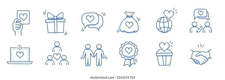 Charity hand, trust community doodle line icon. Charity community, partnership, people solidarity concept icon set. Hand drawn doodle sketch style line. Vector illustration