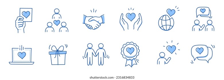 Charity hand, trust community doodle line icon. Charity community, partnership, people solidarity concept icon set. Hand drawn doodle sketch style line. Vector illustration