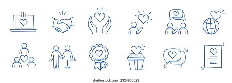 Charity hand, trust community doodle line icon. Charity community, partnership, people solidarity concept icon set. Hand drawn doodle sketch style line. Vector illustration