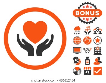 Charity Hands icon with bonus elements. Vector illustration style is flat iconic bicolor symbols, orange and gray colors, white background.