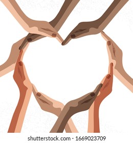 Charity. Heart hands of women flat vector illustration. Multicultura young teen girl create love by arms isolated characters on white background. Concept of love herself, powerful, support, feminism. 