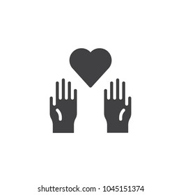 Charity heart on the palms vector icon. filled flat sign for mobile concept and web design. Donation hands with heart simple solid icon. Symbol, logo illustration. 