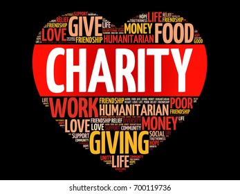 Charity heart word cloud collage, concept background