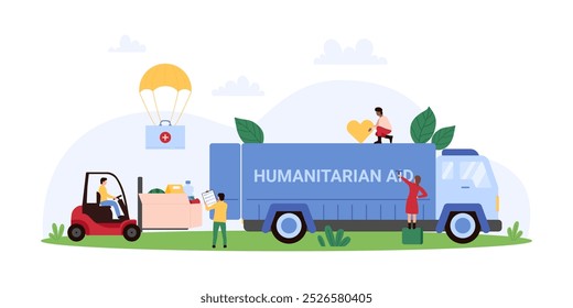 Charity to help and assistance people in need, humanitarian aid logistics, delivery by transport. Tiny people load boxes of emergency kits and food with forklift to truck cartoon vector illustration