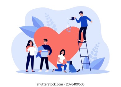 Charity and help from community of tiny volunteers. People giving care to big heart flat vector illustration. Voluntary, sponsorship, altruism concept for banner, website design or landing web page