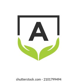 Charity Help Hands Logo On Letter A Concept Template. Care, Sharing, Charity, Medical Health, Donation Organization A Logotype Design