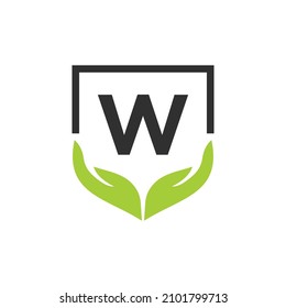 Charity Help Hands Logo On Letter W Concept Template. Care, Sharing, Charity, Medical Health, Donation Organization W Logotype Design