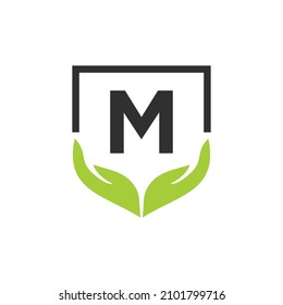 Charity Help Hands Logo On Letter M Concept Template. Care, Sharing, Charity, Medical Health, Donation Organization M Logotype Design